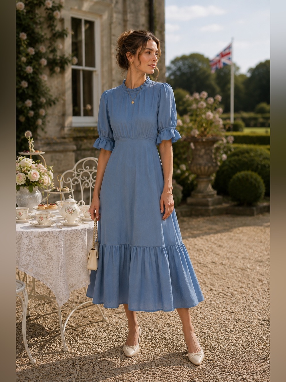 Elegant Blue Ruffled Midi Dress - Women's